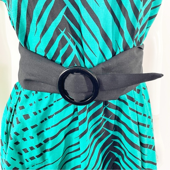 On The Rocks California Vintage Teal Green Dress Size 7/8 Black Palm Leaf Print - Picture 5 of 11